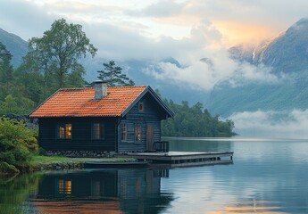 Obraz premium A rustic boathouse situated on the shore of Eid Fjord in Norway