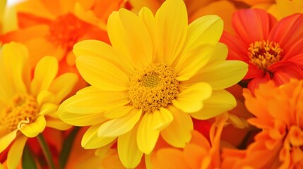 Fototapeta premium Vibrant bouquet of yellow and orange flowers showcasing lively colors in a lush garden during a sunny afternoon