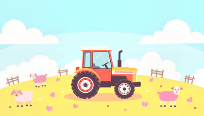 Colorful tractor surrounded by playful sheep on sunny farmland, rural joy