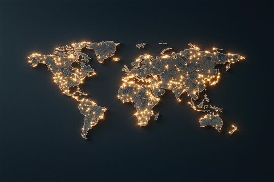 Fototapeta World map with glowing golden lights on a dark background. concept of global connectivity and networks