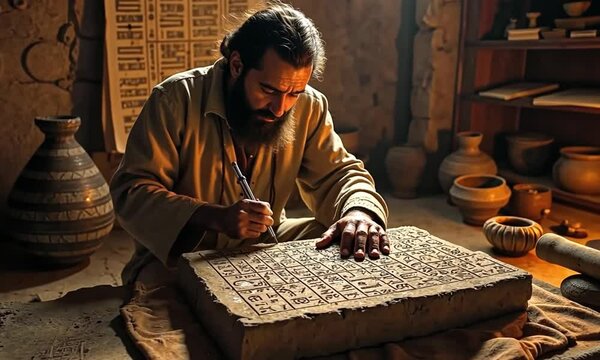 A scribe carving glyphs into a stone tablet in a ceremonial room, showcasing ancient artistry and tradition