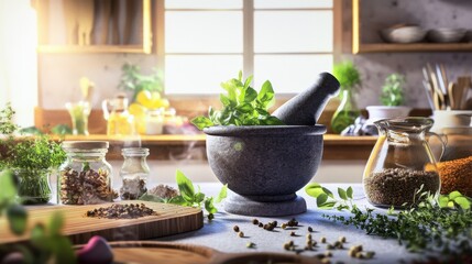 fresh herbs kitchen scene, variety of culinary herbs, kitchen cooking tools, delicious culinary art, home cooking tools, fresh aromatic spices