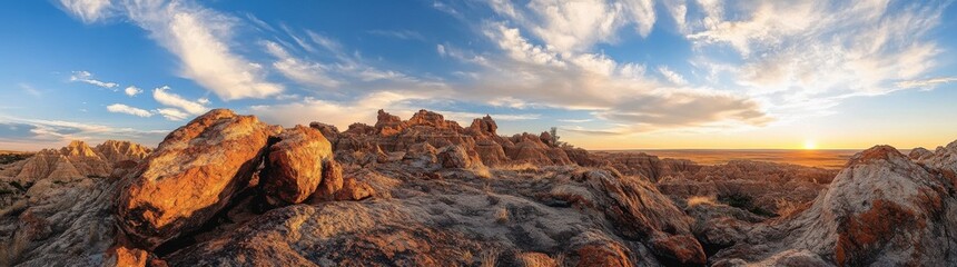 Golden sunsets paint the desert landscape as rocks bask in the warm glow of twilight in a tranquil nature setting