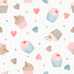 Watercolor birtday cupcakes in blue ,pink and brown color with chocolate bar and cherry on the top