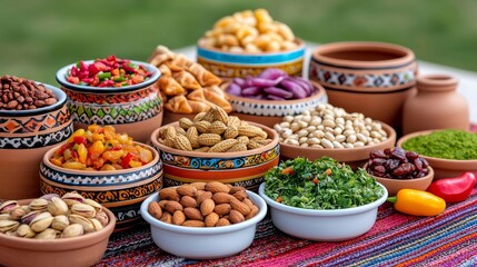 Fototapeta premium A lavish array of classic Arabic cuisine, including dates and almonds, is served during Ramadan