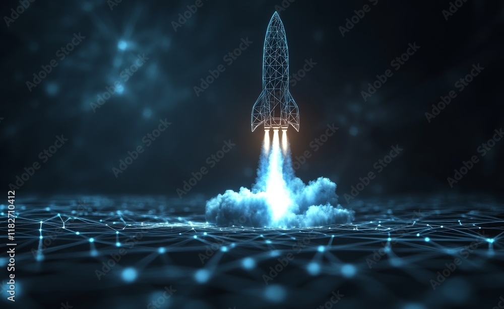 Wall mural a conceptual rocket launch. a virtual spaceship ascends into space. the idea of business development