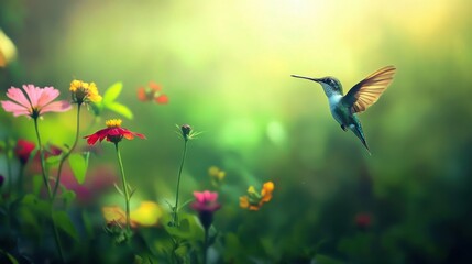 Hummingbird dances gracefully among vibrant wildflowers in a sunlit garden