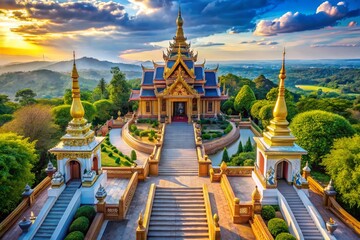 Fototapeta premium Aerial View: Grand Temple Entrance, Sacred Gateway, Asian Architecture