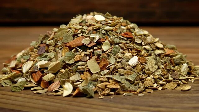 Collection of dried herbs and spices on wooden surface for culinary use