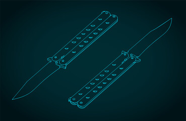 Butterfly knife isometric blueprints illustration