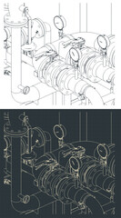 Pipes valves and manometers close-up blueprints
