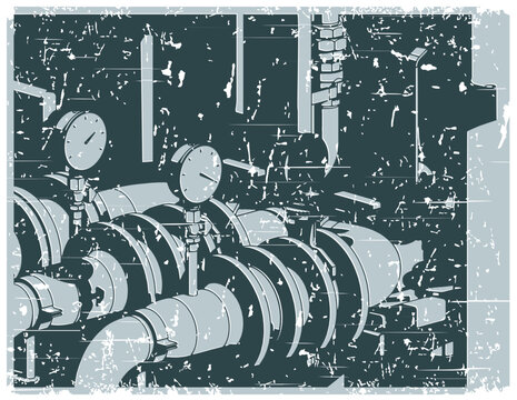 Pipes valves and manometers retro poster