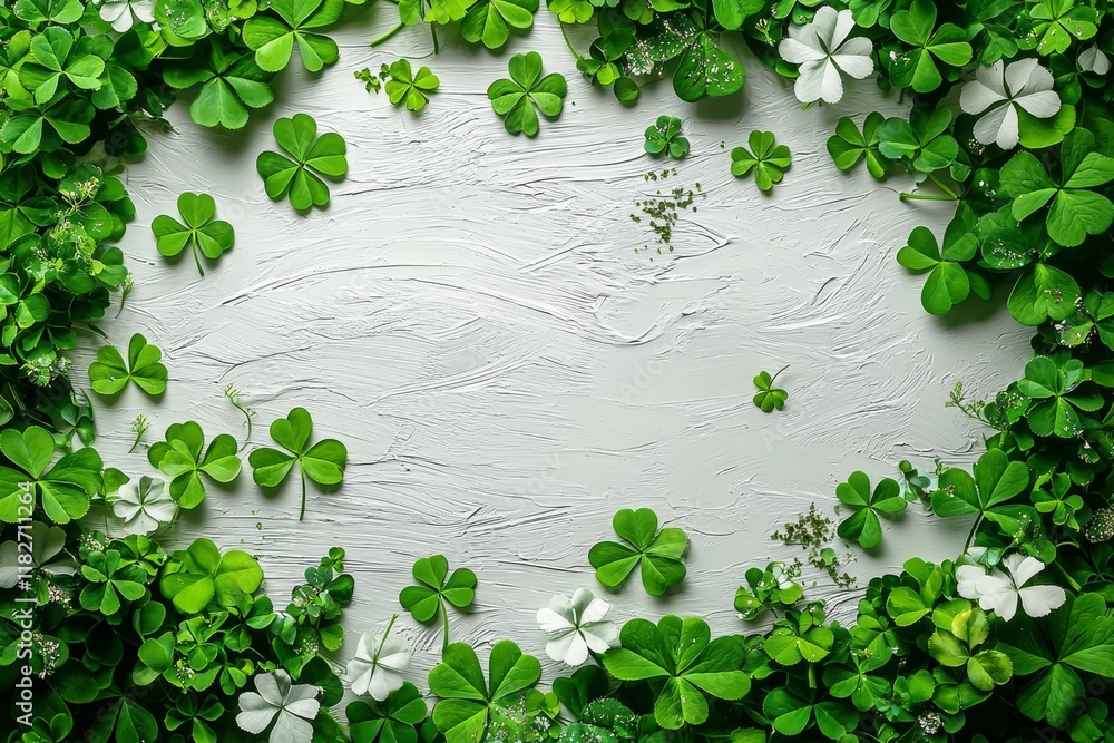 Poster a top-down view of a saint patrick's day background with a green shamrock placed on a white rustic b