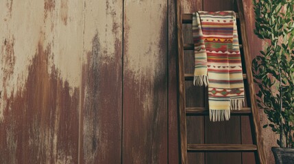 Rustic Charm: A Colorful Woven Throw Draped on a Wooden Ladder Against a Rustic Wall
