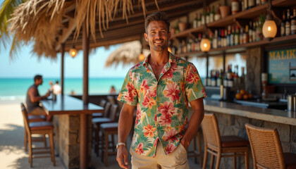 Smiling man wearing floral shirt at beach bar, International Bartender Day