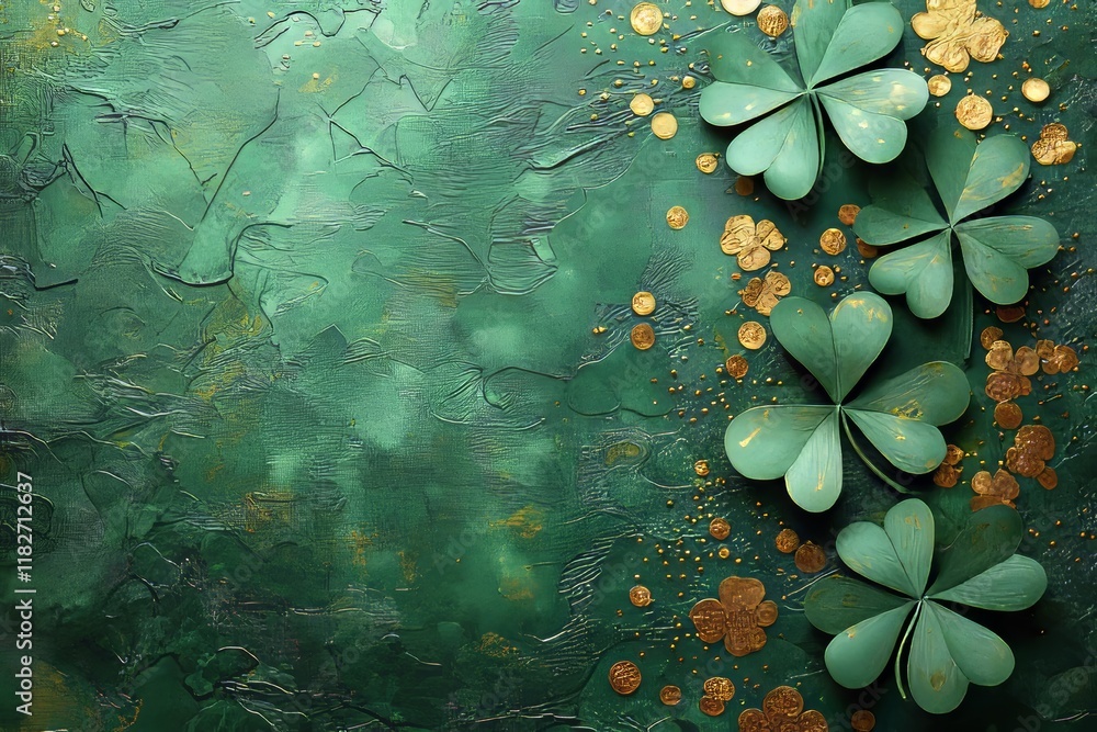 Poster an above view with a green background featuring a shamrock and gold coin confetti frame, allowing ro