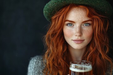 A long-haired red-haired girl with shamrocks on her hat holds a beer glass while celebrating St Patrick's Day on a green background
