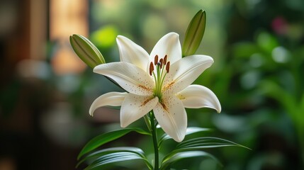 Fototapeta premium A close-up photograph captures a beautifully blooming white lily in a natural setting, showcasing its delicate petals and vibrant green leaves in a serene environment