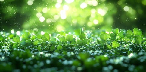 Obraz premium St Patrick's day scene with spinning clover leaves on a green backdrop