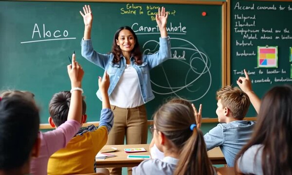 A warm teacher explaining a concept on a chalkboard, engaging with students in a lively classroom setting