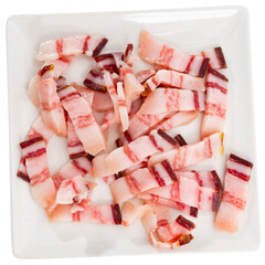 Appetizing pieces of lard served on plate. Isolated over white background