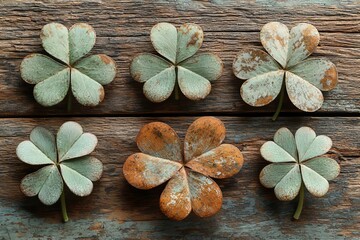 Fototapeta premium A flat arrangement of clover leaves on a wooden surface, emblematic of St. Patrick's Day