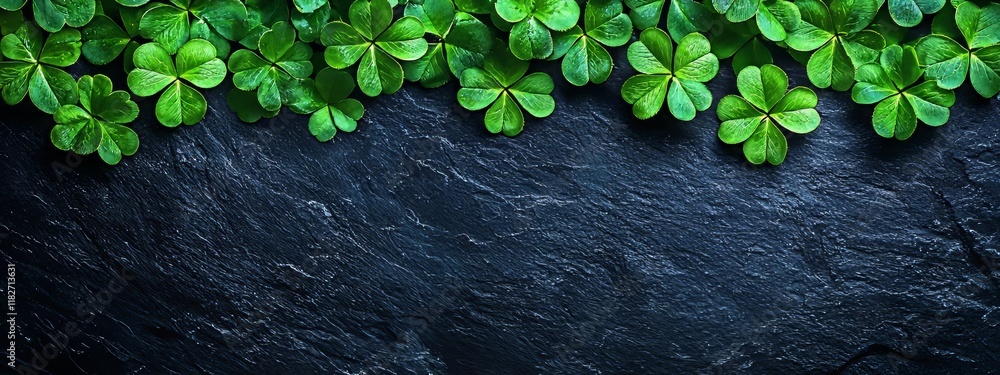 Poster an isolated green clover leaf on a dark background with three-leaved shamrocks, representing the st.