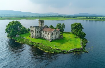 Fototapeta premium Aerial perspective of Station Island, noted as a place of pilgrimage connected to St Patrick, positioned in Lough Derg; Ballymacavany, County Donegal, Ireland