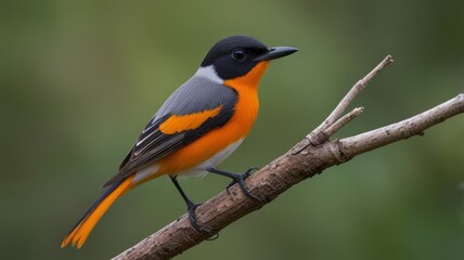 Vibrant orange and grey bird perched on a branch.