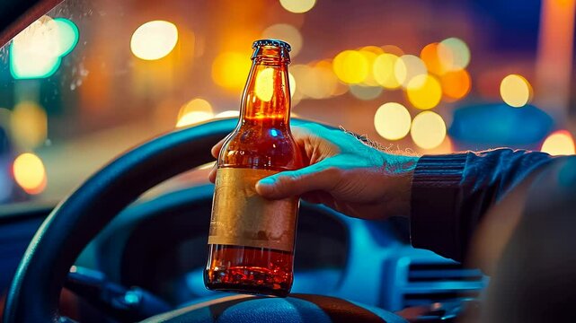 Middle-aged Caucasian man holds a beer while driving at night, showcasing the dangers and irresponsibility of drunk driving. The mood is tense and cautionary.
