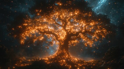 Obraz premium A glowing tree illuminated against a starry sky, symbolizing life and nature's beauty.