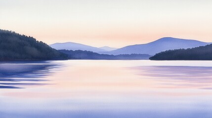 Fototapeta premium Serene Lakeside Sunrise: A Watercolor Painting of Misty Mountains and a Calm Lake