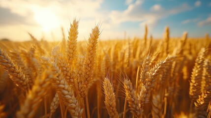 Fototapeta premium Golden wheat field bathed in warm sunlight under a blue sky with fluffy clouds, capturing the essence of a bountiful harvest in a rural landscape