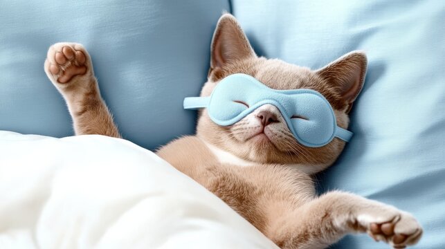 A relaxed British Shorthair cat stretches its paws while sleeping comfortably under a white blanket, wearing a blue sleep mask. The cozy setting evokes warmth and serenity, perfect for sleep