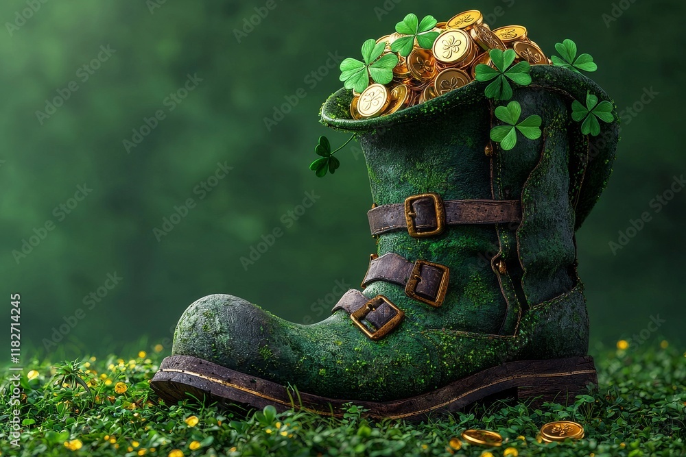 Poster a generative ai created an image of a st. patrick's day leprechaun boot filled with gold