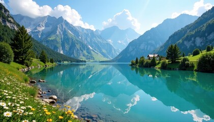 Panoramic mountain lake in serene Italian Tyrolean landscape , alpine, scenery, renon plateau