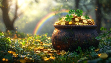 A pot filled with gold coins, a shamrock clover, and rainbows symbolize St Patrick's Day
