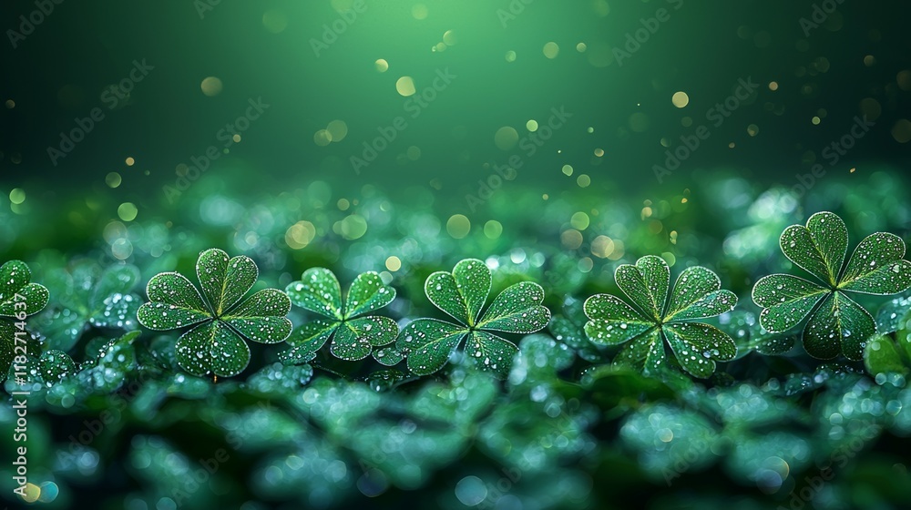 Poster a 3d rendering featuring a frame of shamrocks and clover leaves against a blurred light green backgr