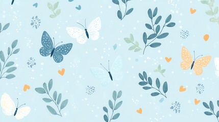 Pastel butterflies, leaves, hearts on light blue background