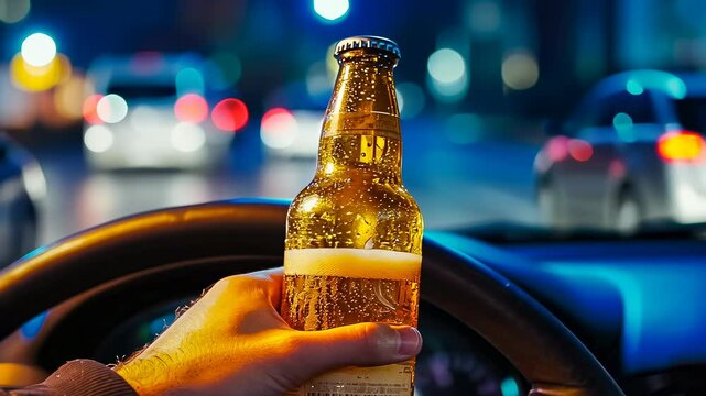 Caucasian man's hand holding a beer bottle while driving at night, with city lights blurred in the background. It emphasizes the dangers of drunk driving.