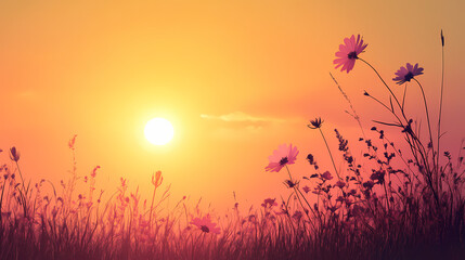 Serene sunset over meadow with silhouetted flowers in bloom. Willowlight. Illustration