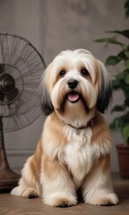 Tibetan Terrier sitting next to a fan on a cold day ,  dog,  comfort