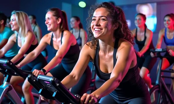 A woman leading a high-energy spin class, motivating participants with enthusiasm and dynamic energy in a modern gym