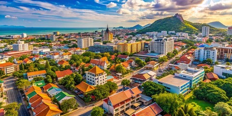 Naklejka premium Aerial View of Hua Hin City, Thailand: Tropical Coastal Town Panorama
