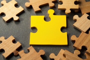 Fototapeta premium Yellow puzzle with wooden pieces surrounding it, yellow puzzle, thinking game