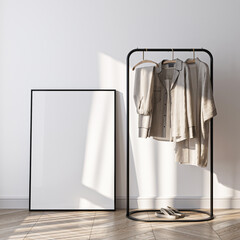 Frame mockup, ISO A paper size. Living room wall poster mockup. Interior mockup with house background. Modern interior design. 3D render
