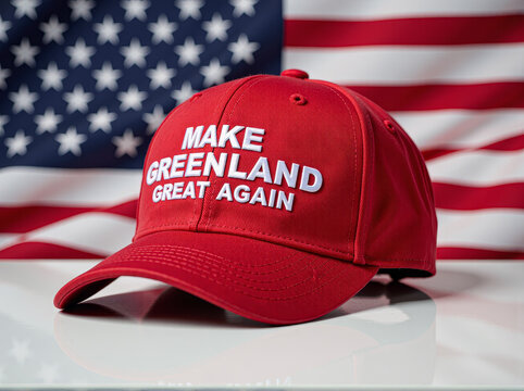 Red baseball cap with an embroidered inscription make Greenland great again lying on the american flag. Concept of the statements of the President of the USA about annexing Greenland via military or