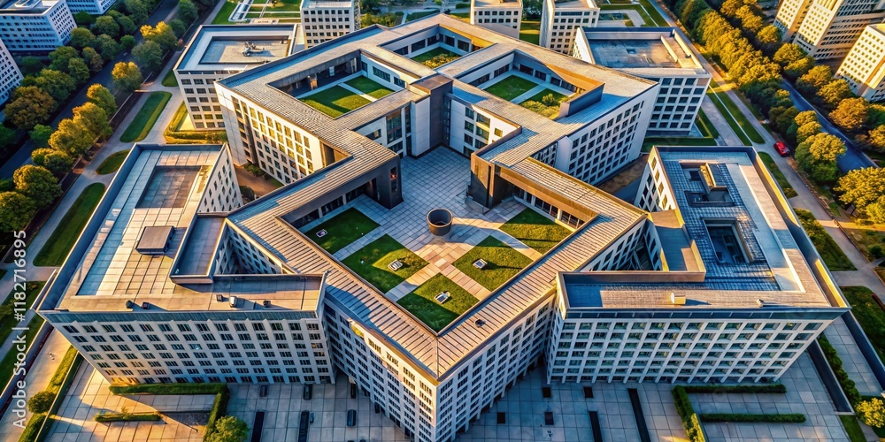 Poster aerial view of modern architecture with open square block wall background