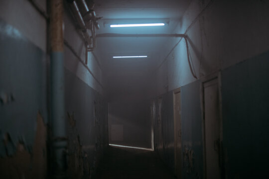 A scary, dark, mysterious corridor in an abandoned building with dim lights and peeling walls - Powered by Adobe