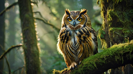Fototapeta premium a owl in majestic perched atop a misty, moss-covered ancient tree branch, surrounded by lush emerald foliage